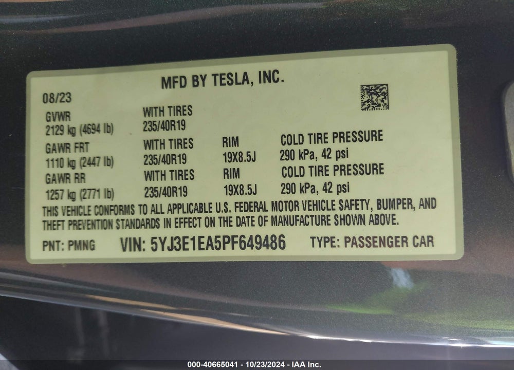 2023 TESLA MODEL 3 REAR-WHEEL DRIVE VIN: 5YJ3E1EA5PF649486