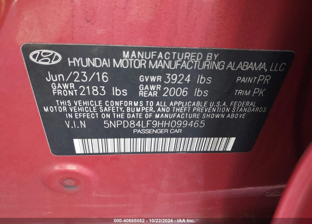 2017 HYUNDAI ELANTRA SE VIN: 5NPD84LF9HH099465