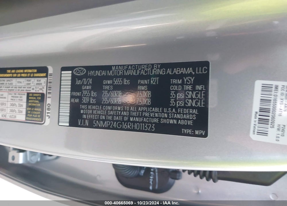 2024 HYUNDAI SANTA FE HYBRID SEL VIN: 5NMP24G16RH011323