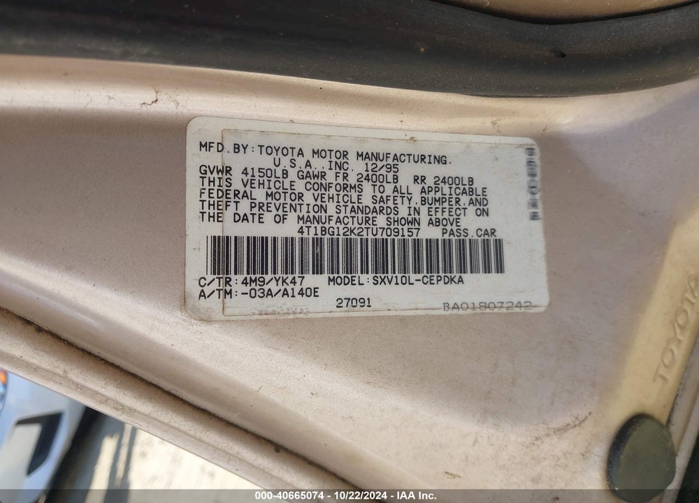 1996 TOYOTA CAMRY DX/LE/XLE VIN: 4T1BG12K2TU709157