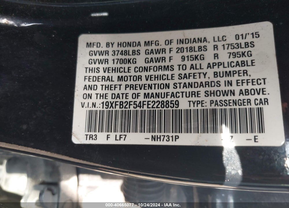 2015 HONDA CIVIC LX VIN: 19XFB2F54FE228859