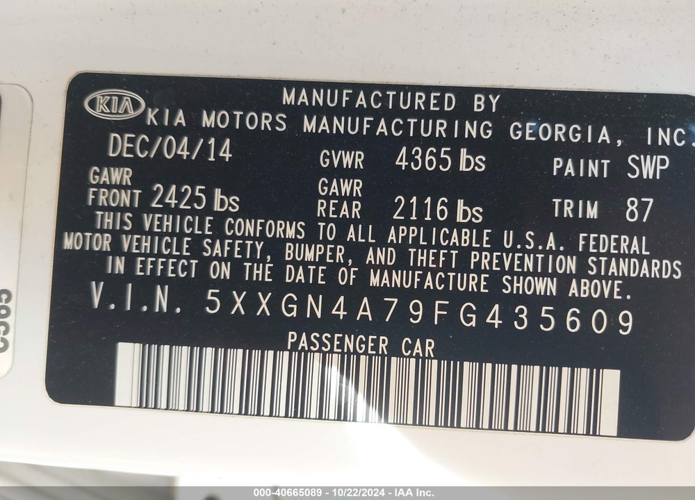 2015 KIA OPTIMA VIN: 5XXGN4A79FG435609