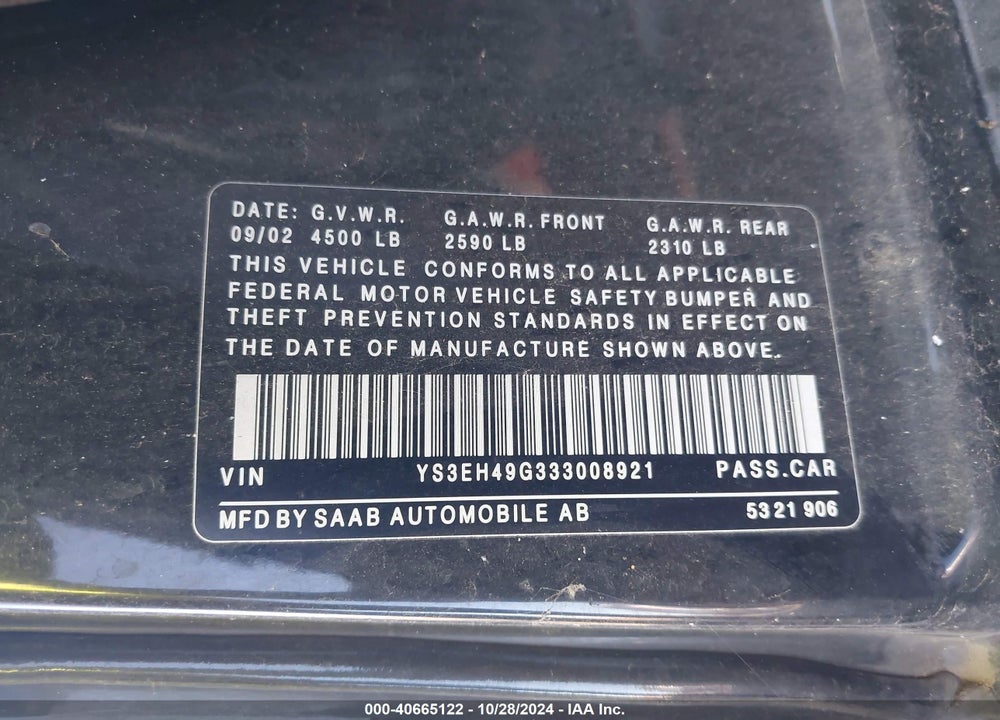 2003 SAAB 9-5 AERO VIN: YS3EH49G333008921