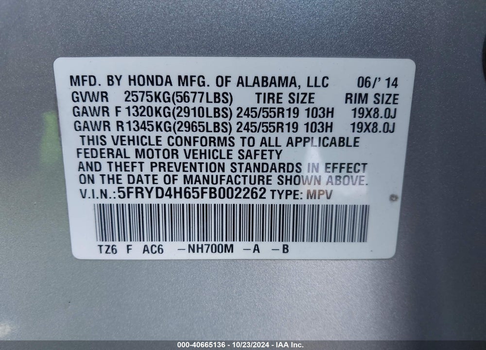 2015 ACURA MDX TECHNOLOGY PKG W/ENTERTAINMENT PKG VIN: 5FRYD4H65FB002262