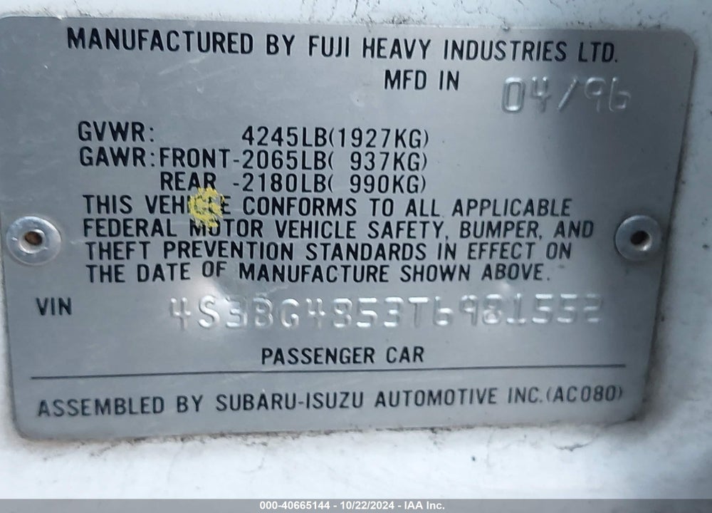 1996 SUBARU LEGACY OUTBACK VIN: 4S3BG4853T6981552