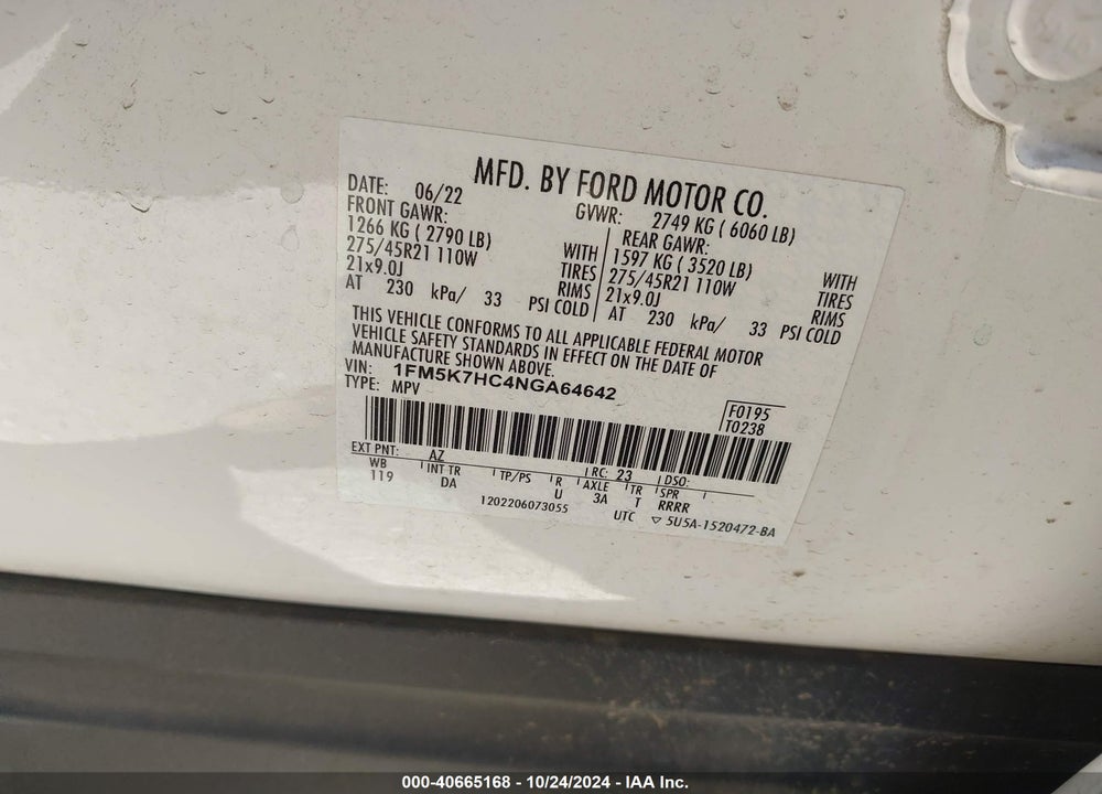 2022 FORD EXPLORER PLATINUM VIN: 1FM5K7HC4NGA64642