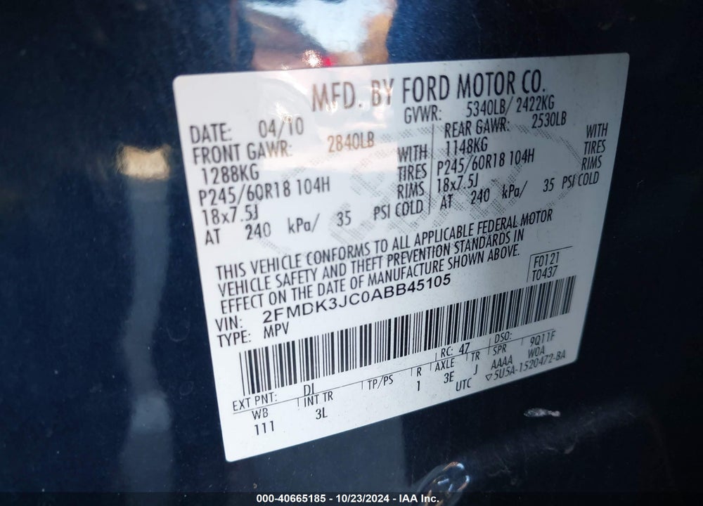 2010 FORD EDGE SEL VIN: 2FMDK3JC0ABB45105
