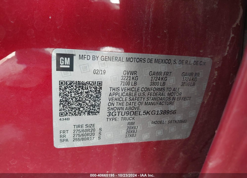 2019 GMC SIERRA 1500 SLT VIN: 3GTU9DEL5KG138956