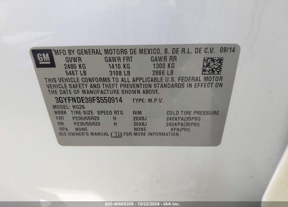 2015 CADILLAC SRX PREMIUM COLLECTION VIN: 3GYFNDE39FS550914