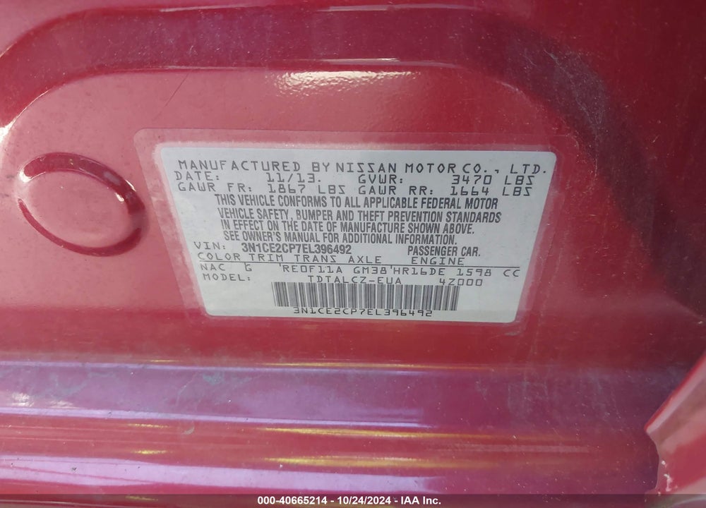2014 NISSAN VERSA NOTE S PLUS VIN: 3N1CE2CP7EL396492