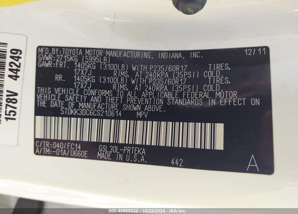 2012 TOYOTA SIENNA LE V6 8 PASSENGER VIN: 5TDKK3DC6CS210614