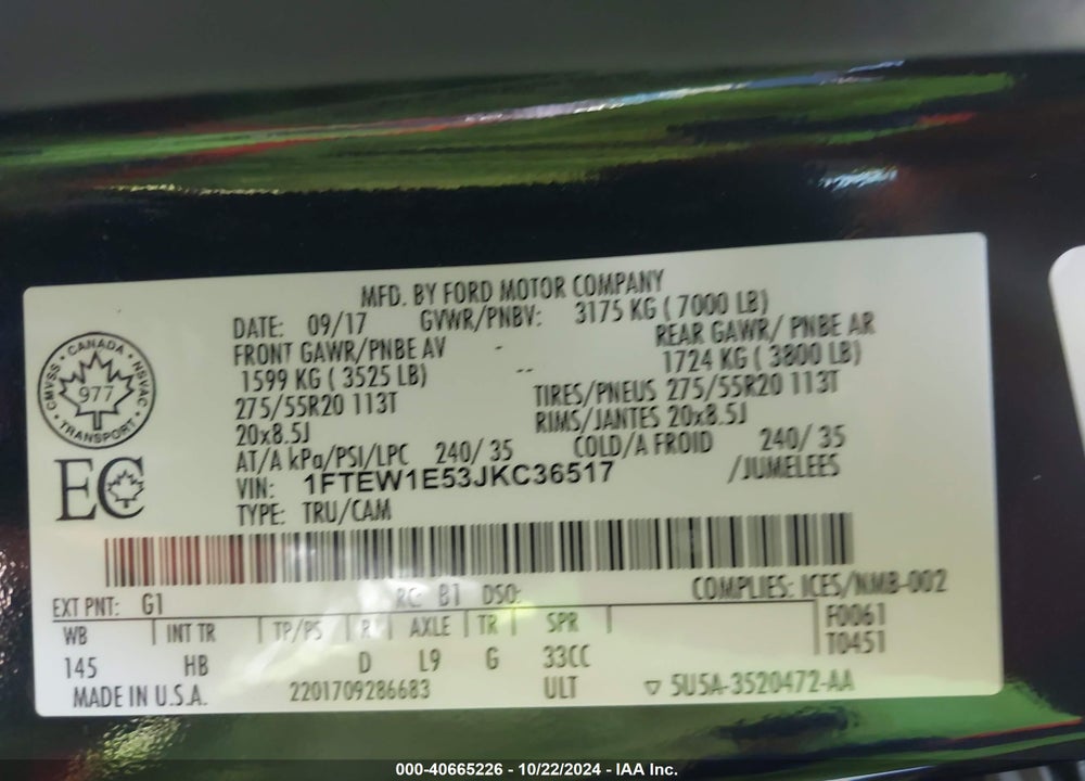 2018 FORD F-150 LARIAT VIN: 1FTEW1E53JKC36517