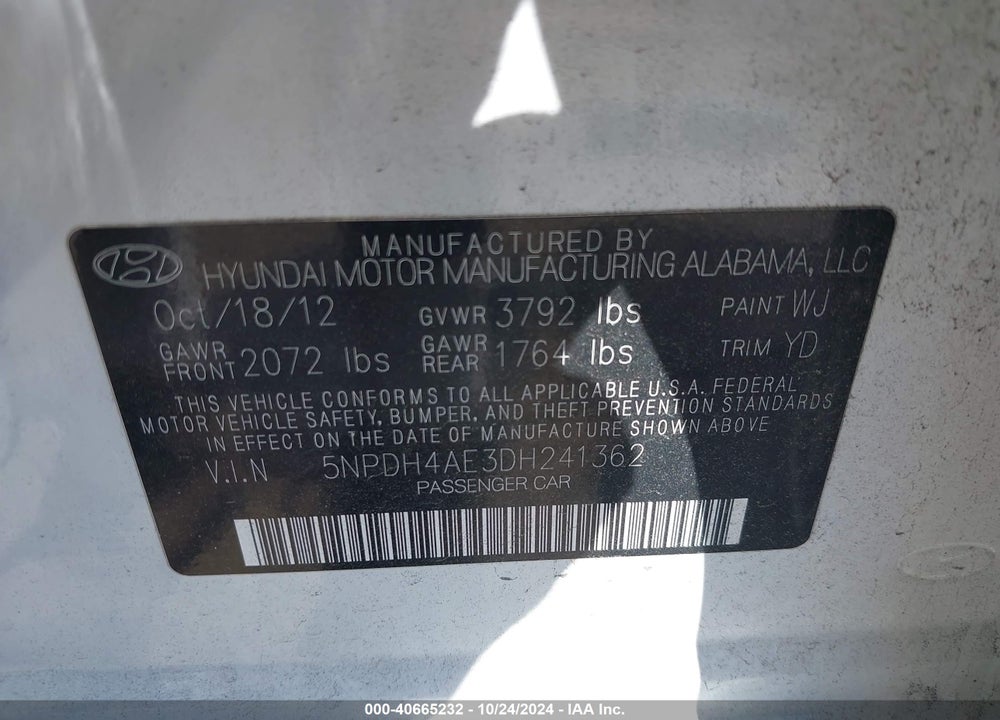 2013 HYUNDAI ELANTRA GLS VIN: 5NPDH4AE3DH241362