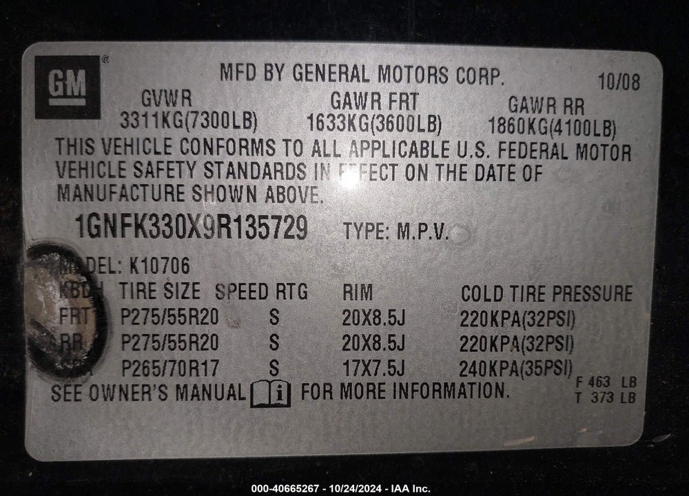2009 CHEVROLET TAHOE LTZ VIN: 1GNFK330X9R135729