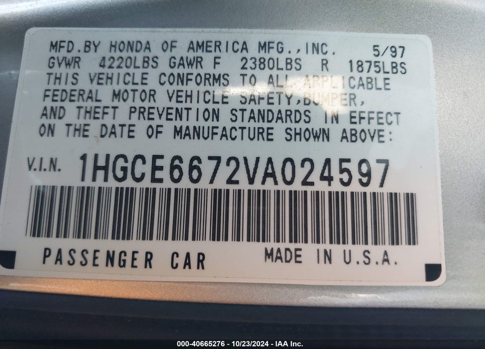 1997 HONDA ACCORD EX V6 VIN: 1HGCE6672VA024597
