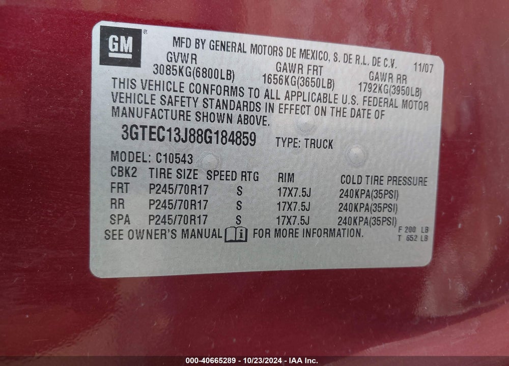 2008 GMC SIERRA 1500 SLE1 VIN: 3GTEC13J88G184859