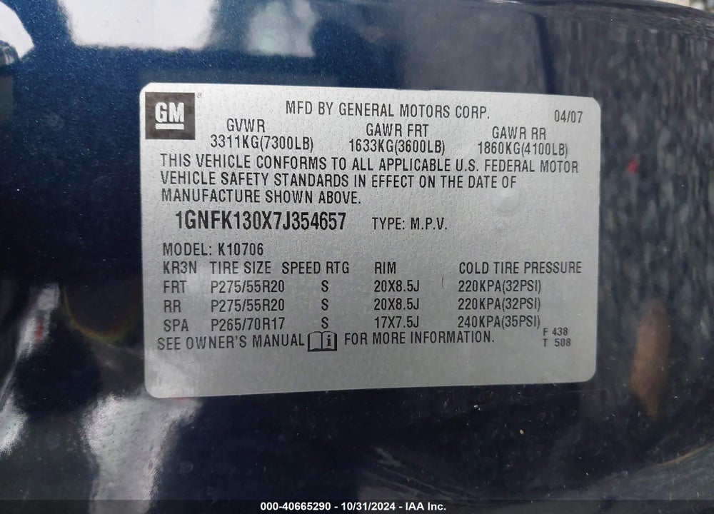 2007 CHEVROLET TAHOE LTZ VIN: 1GNFK130X7J354657