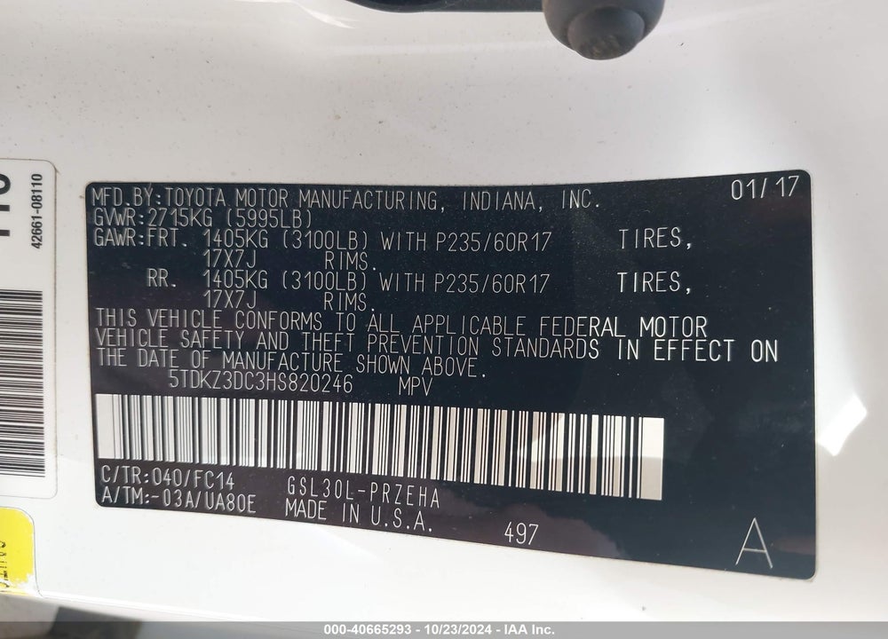 2017 TOYOTA SIENNA LE 8 PASSENGER VIN: 5TDKZ3DC3HS820246