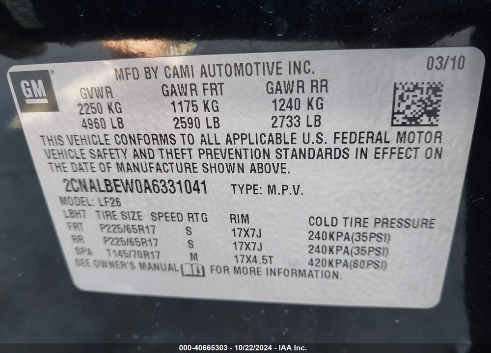2010 CHEVROLET EQUINOX LS VIN: 2CNALBEW0A6331041