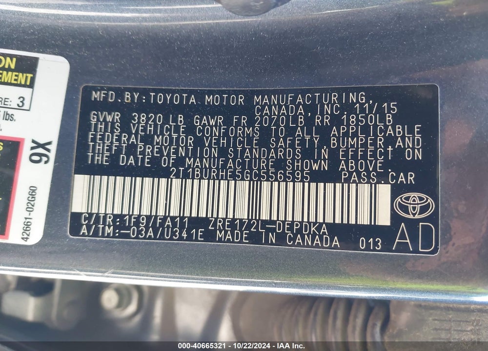 2016 TOYOTA COROLLA L VIN: 2T1BURHE5GC556595