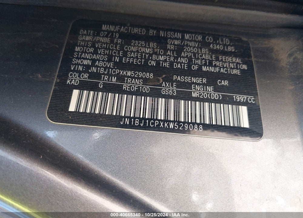 2019 NISSAN ROGUE SPORT S VIN: JN1BJ1CPXKW529088