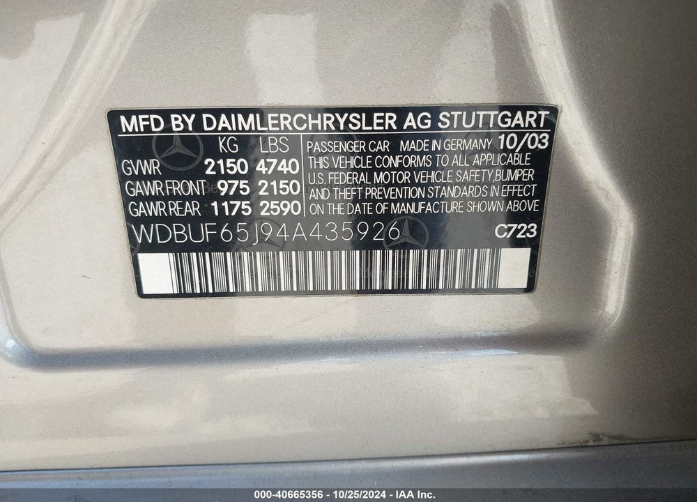 2004 MERCEDES-BENZ E 320 VIN: WDBUF65J94A435926