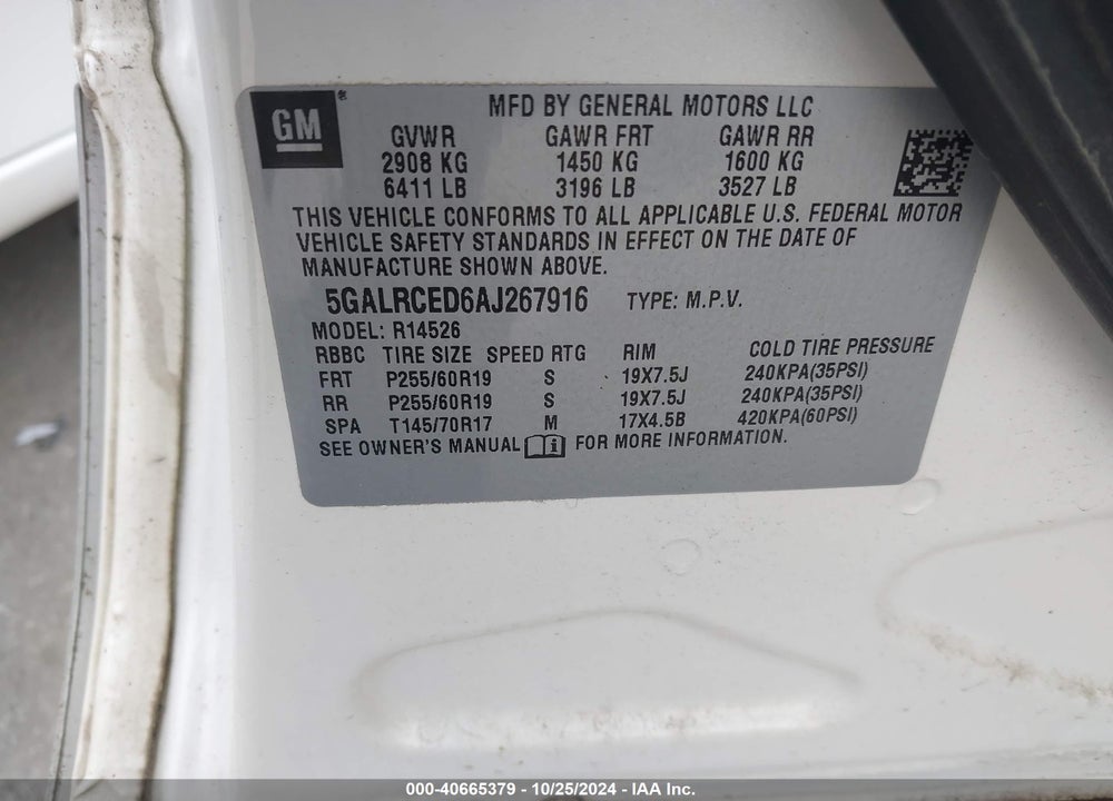 2010 BUICK ENCLAVE 2XL VIN: 5GALRCED6AJ267916