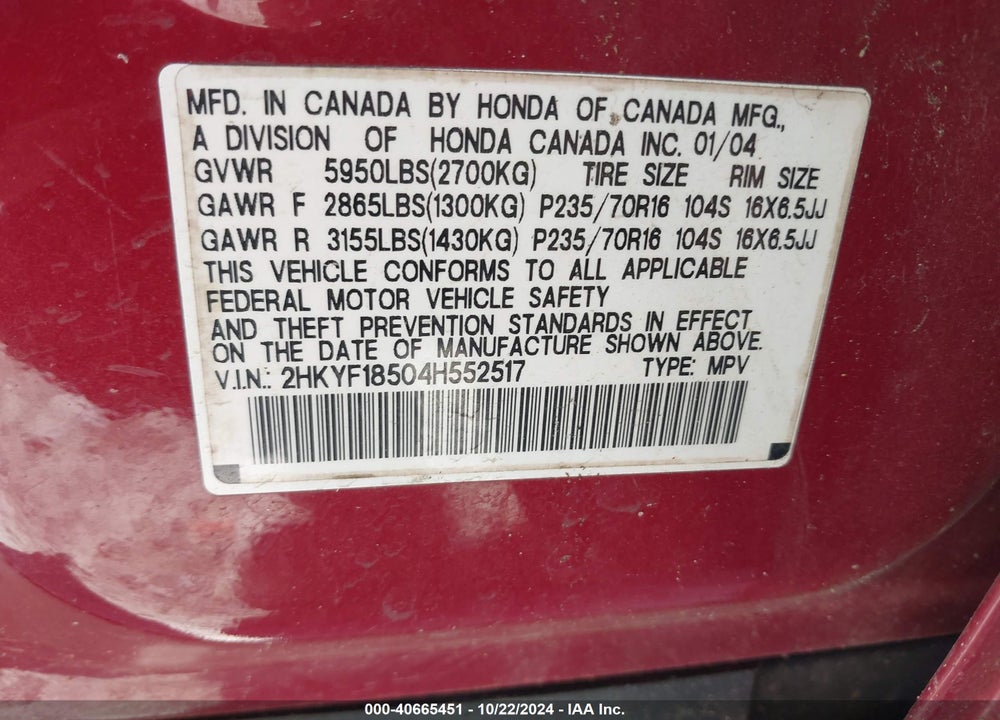 2004 HONDA PILOT EX-L VIN: 2HKYF18504H552517