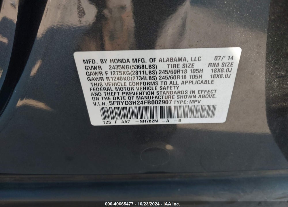 2015 ACURA MDX VIN: 5FRYD3H24FB002907