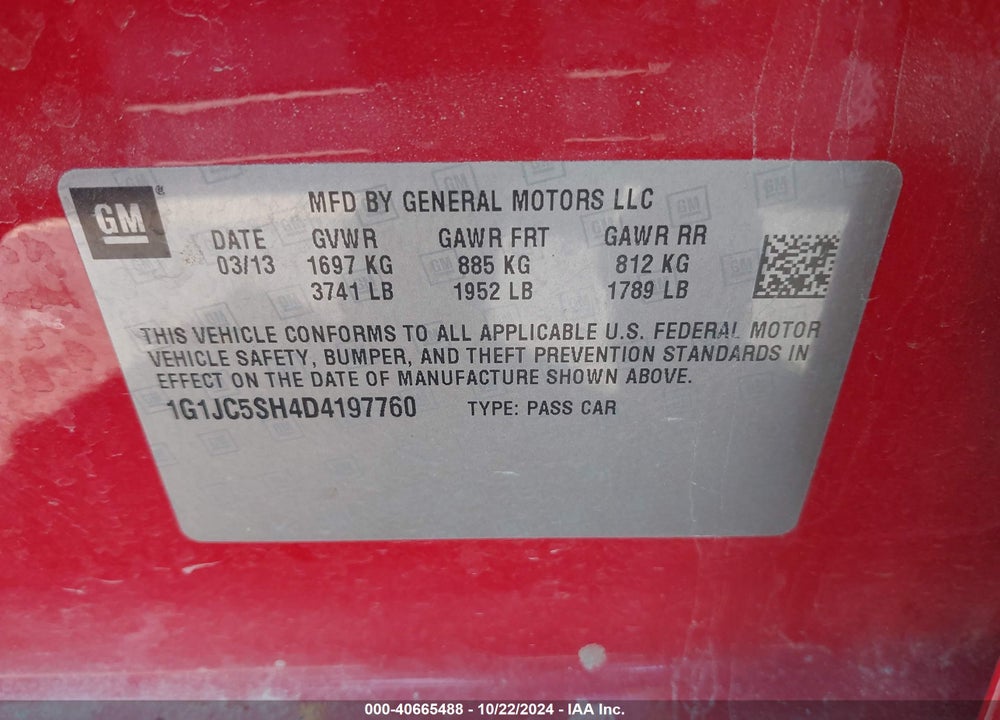 2013 CHEVROLET SONIC LT AUTO VIN: 1G1JC5SH4D4197760