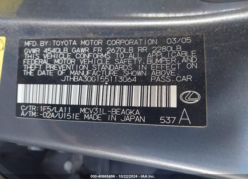 2005 LEXUS ES 330 VIN: JTHBA30G155113064