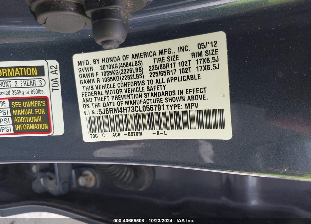 2012 HONDA CR-V EX-L VIN: 5J6RM4H73CL056791