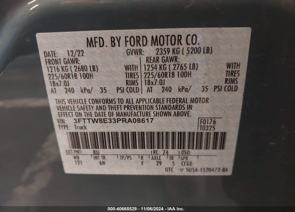 2023 FORD MAVERICK LARIAT VIN: 3FTTW8E33PRA08617