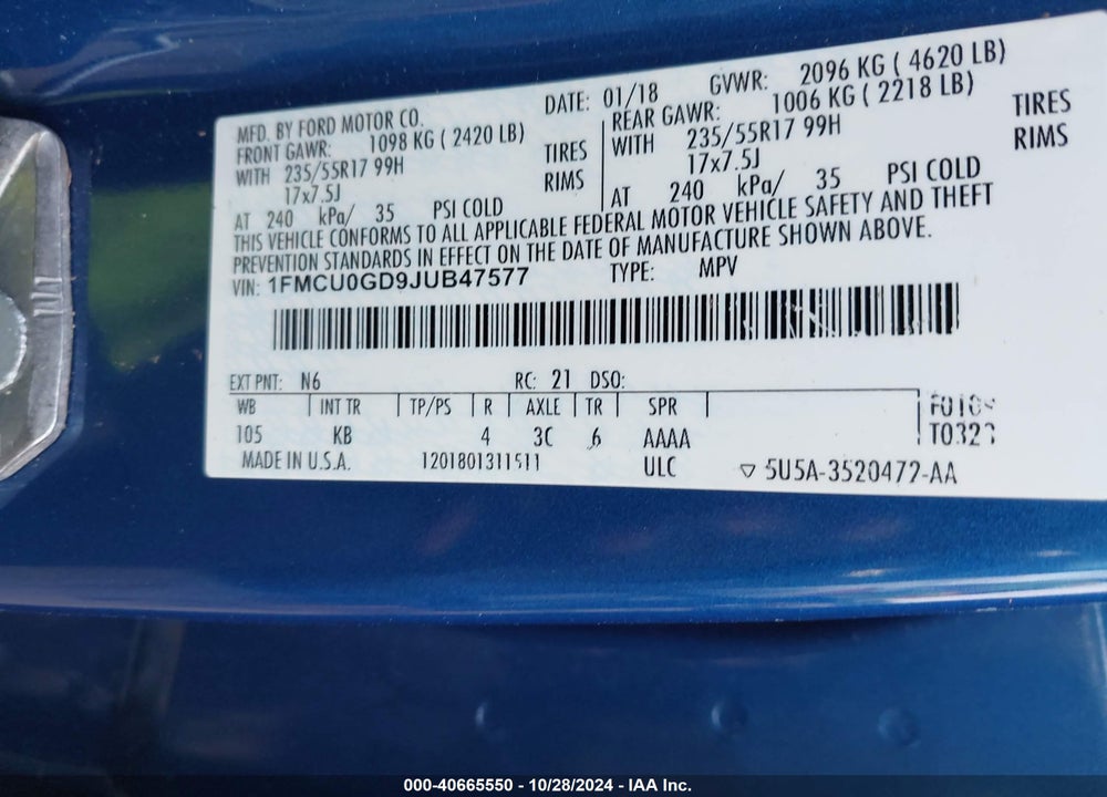 2018 FORD ESCAPE SE VIN: 1FMCU0GD9JUB47577