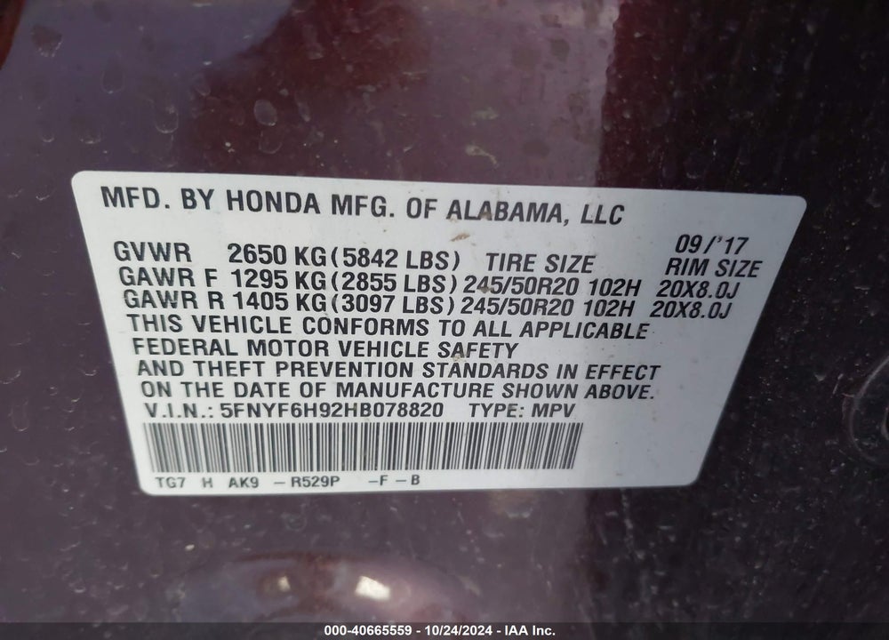 2017 HONDA PILOT TOURING VIN: 5FNYF6H92HB078820