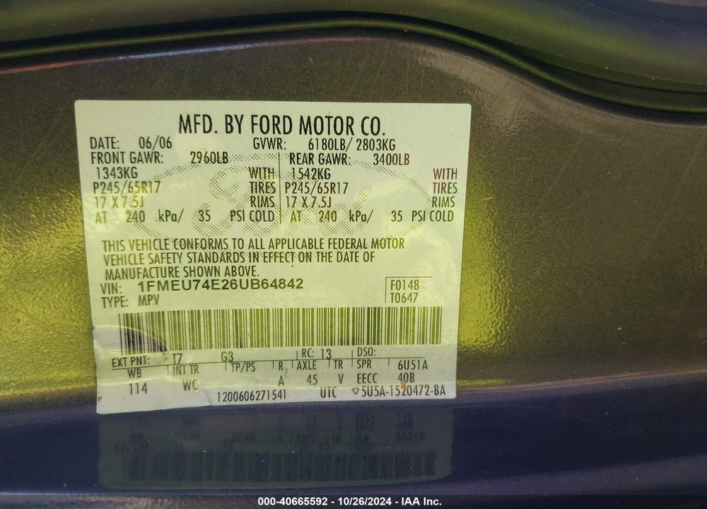 2006 FORD EXPLORER EDDIE BAUER VIN: 1FMEU74E26UB64842
