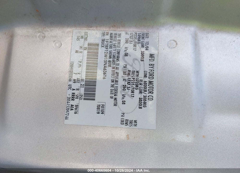 2005 FORD F-150 STX/XL/XLT VIN: 1FTRF12W15NA63616