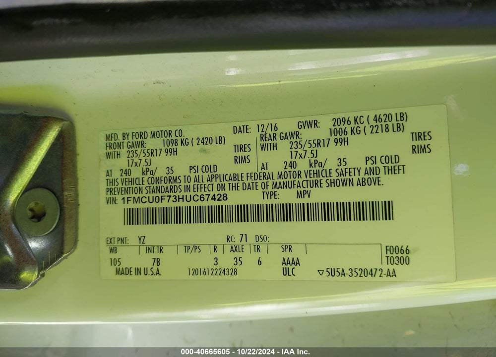 2017 FORD ESCAPE S VIN: 1FMCU0F73HUC67428