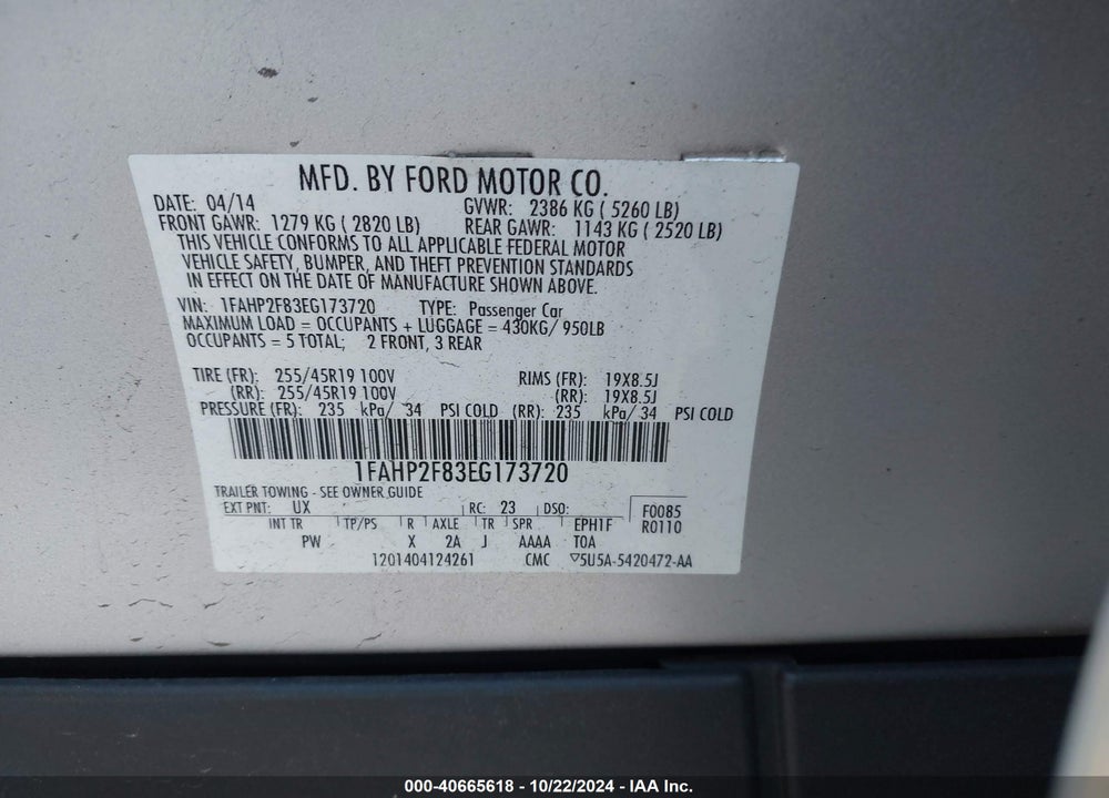 2014 FORD TAURUS LIMITED VIN: 1FAHP2F83EG173720