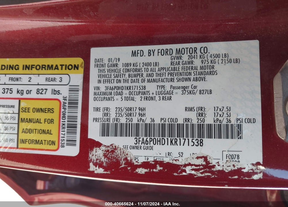 2019 FORD FUSION SE VIN: 3FA6P0HD1KR171538