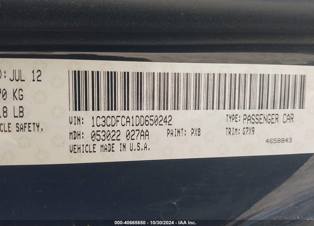 2013 DODGE DART LIMITED VIN: 1C3CDFCA1DD650242