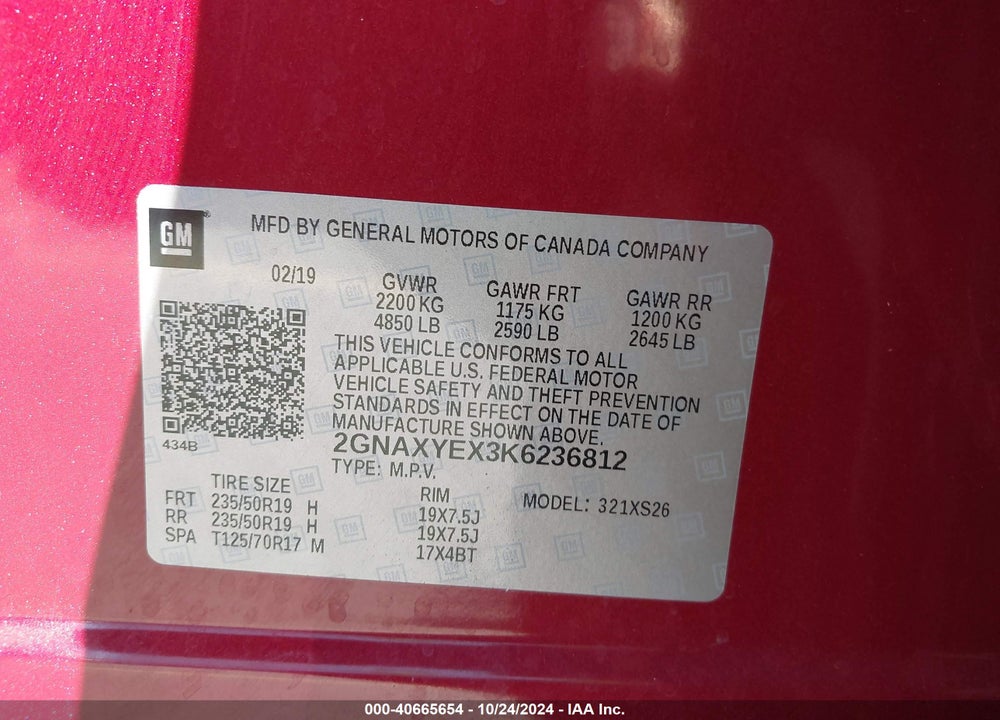 2019 CHEVROLET EQUINOX PREMIER VIN: 2GNAXYEX3K6236812