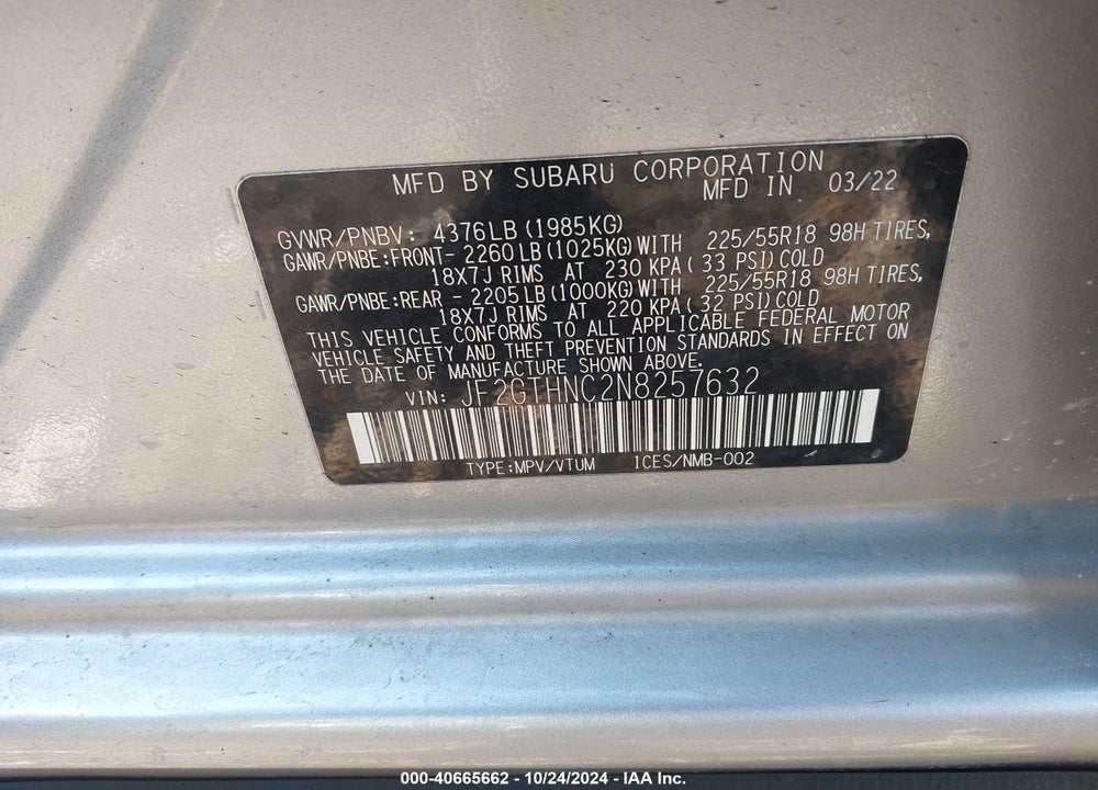 2022 SUBARU CROSSTREK LIMITED VIN: JF2GTHNC2N8257632