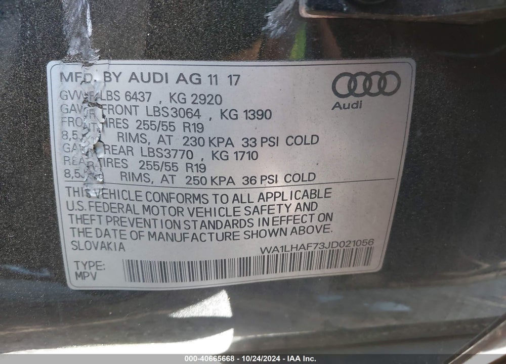 2018 AUDI Q7 2.0T PREMIUM VIN: WA1LHAF73JD021056
