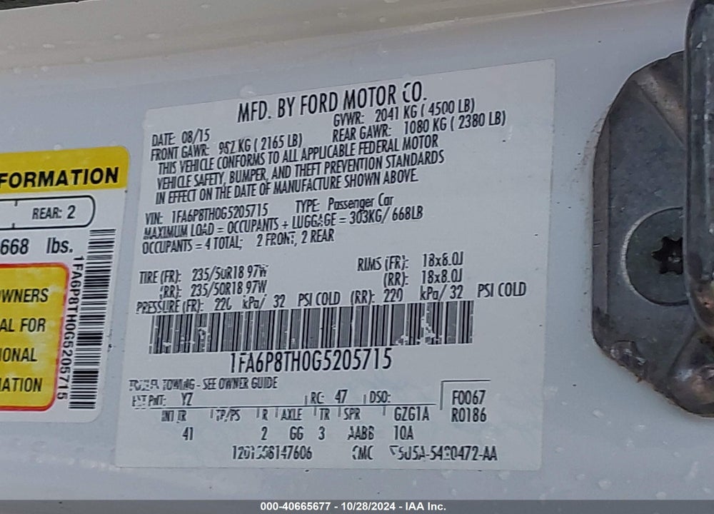 2016 FORD MUSTANG ECOBOOST VIN: 1FA6P8TH0G5205715