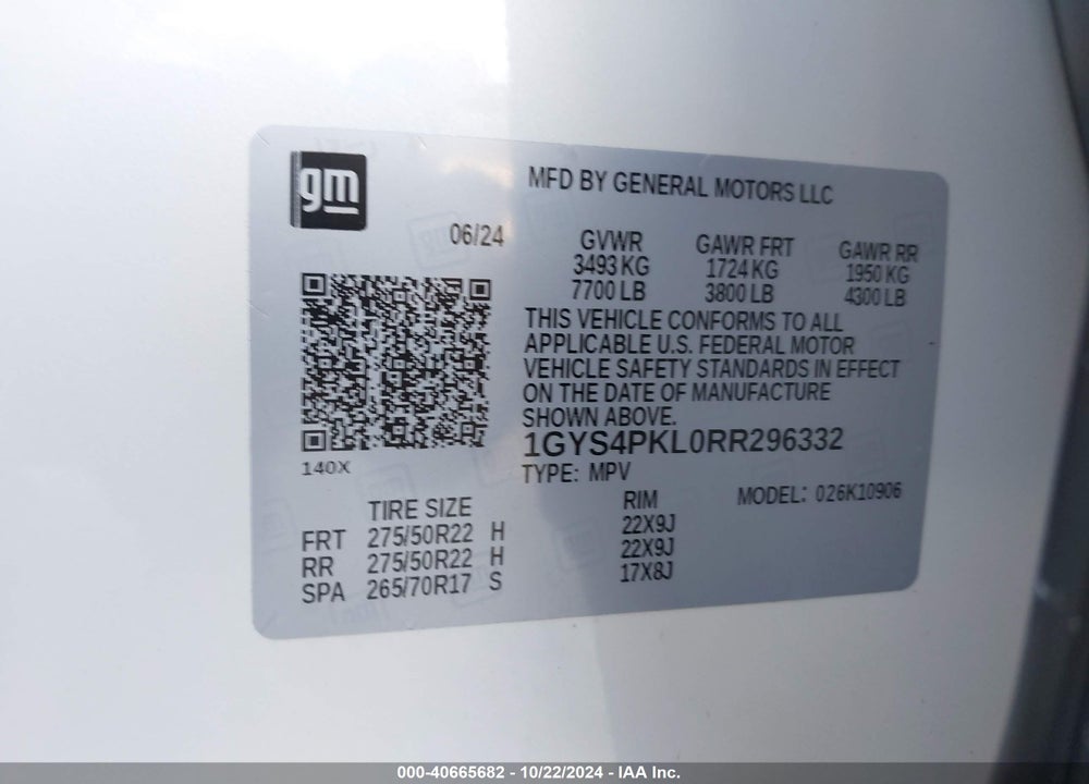 2024 CADILLAC ESCALADE ESV 4WD SPORT VIN: 1GYS4PKL0RR296332