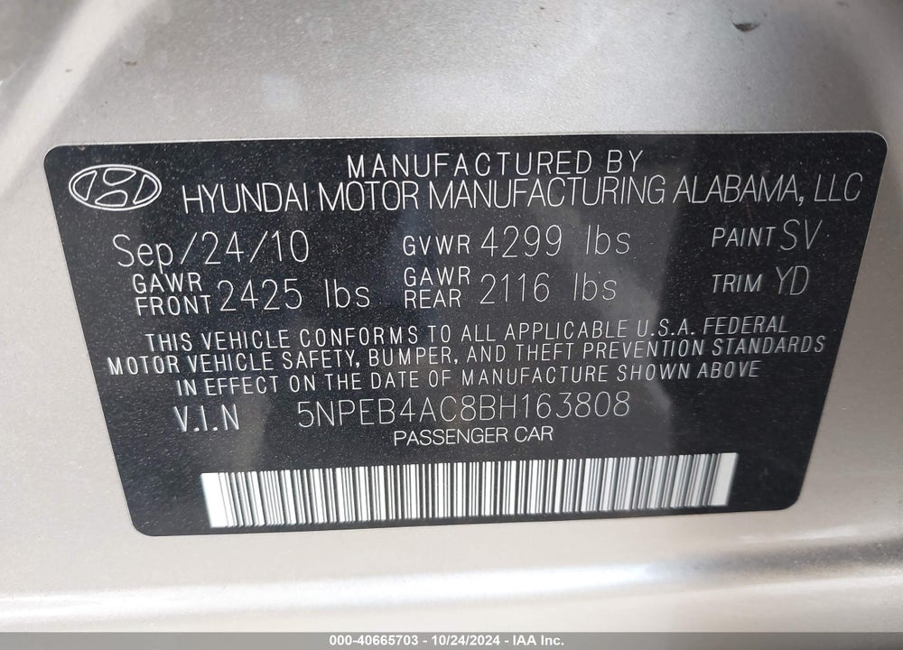 2011 HYUNDAI SONATA VIN: 5NPEB4AC8BH163808