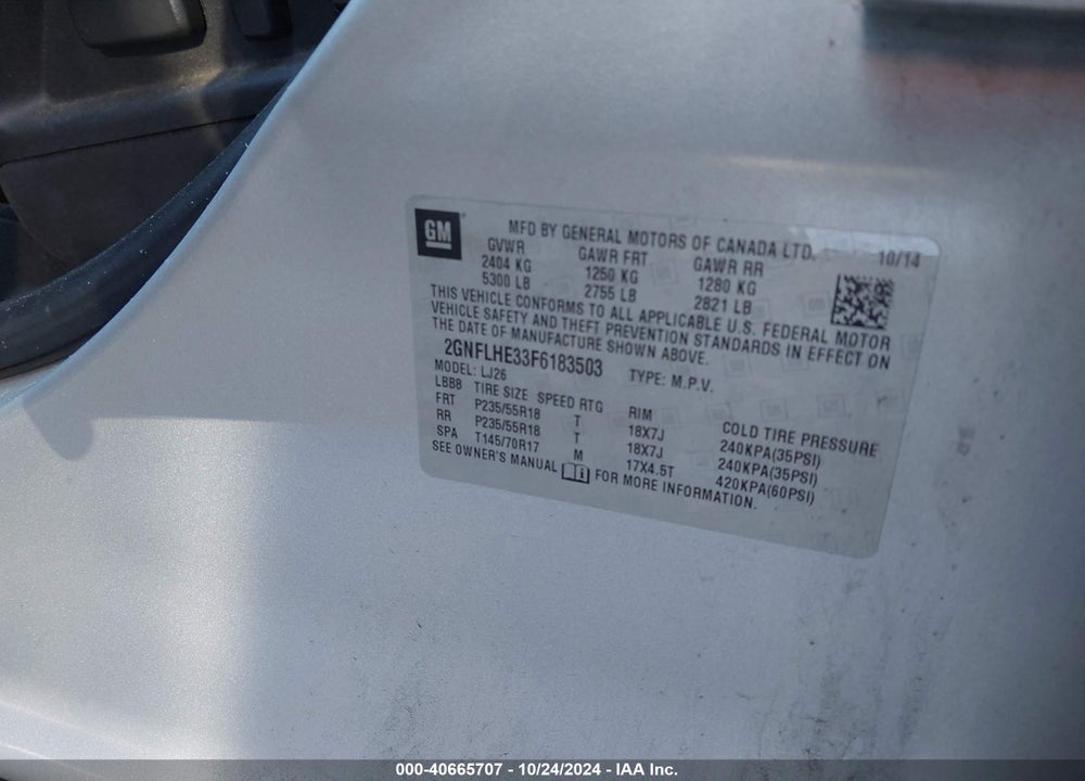 2015 CHEVROLET EQUINOX LTZ VIN: 2GNFLHE33F6183503