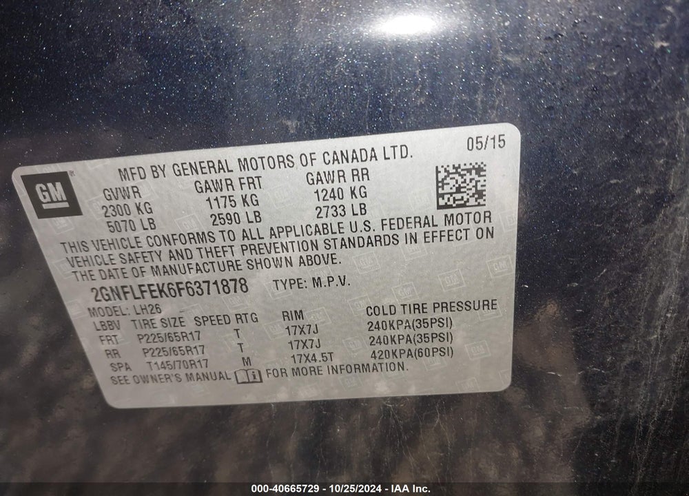 2015 CHEVROLET EQUINOX 1LT VIN: 2GNFLFEK6F6371878