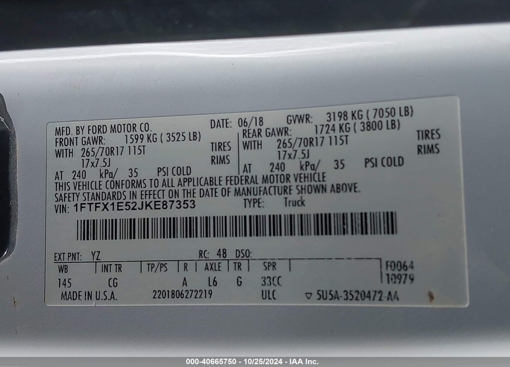 2018 FORD F-150 XL VIN: 1FTFX1E52JKE87353